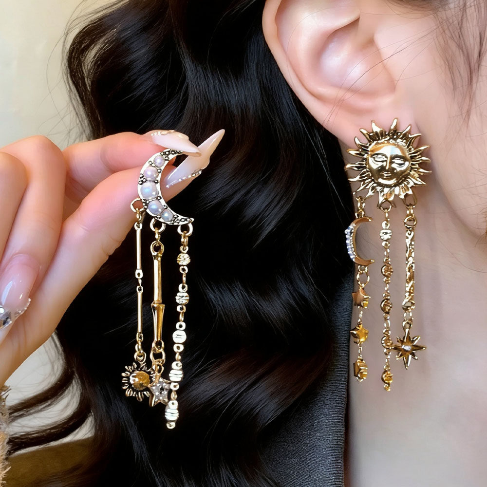 法式复古金色太阳月亮镶珍珠耳钉女个性复古夸张流苏长款耳环耳饰