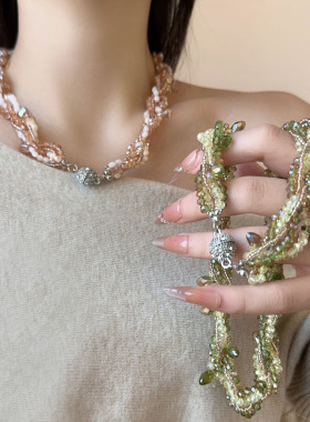 多层缠绕水晶米珠串珠珍珠项链女