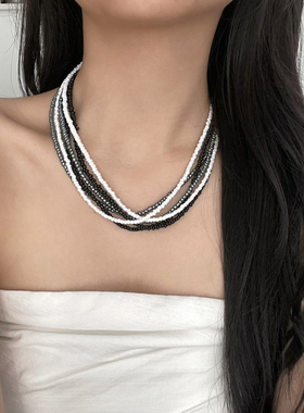 夸张复古黑白多层米珠串珠项链女