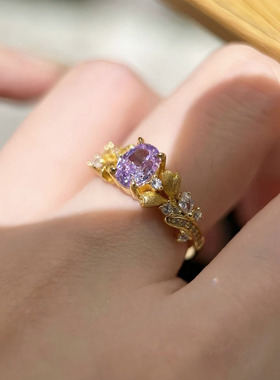 轻奢时髦中古紫荆花镶钻戒指女款