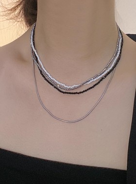 多层缠绕黑白米珠串珠蛇骨链项链