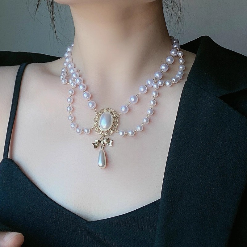 法式复古气质珍珠水滴流苏项链女