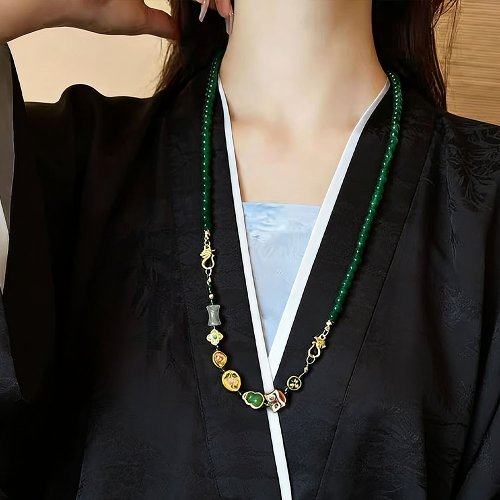 新中式复古祖母绿串珠圆珠项链女图片