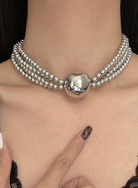 欧美重工多层圆珠串珠金属球项链