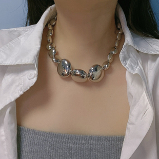 欧美夸张小众设计镀银金属大椭圆球项链时髦个性圆珠链条锁骨链女
