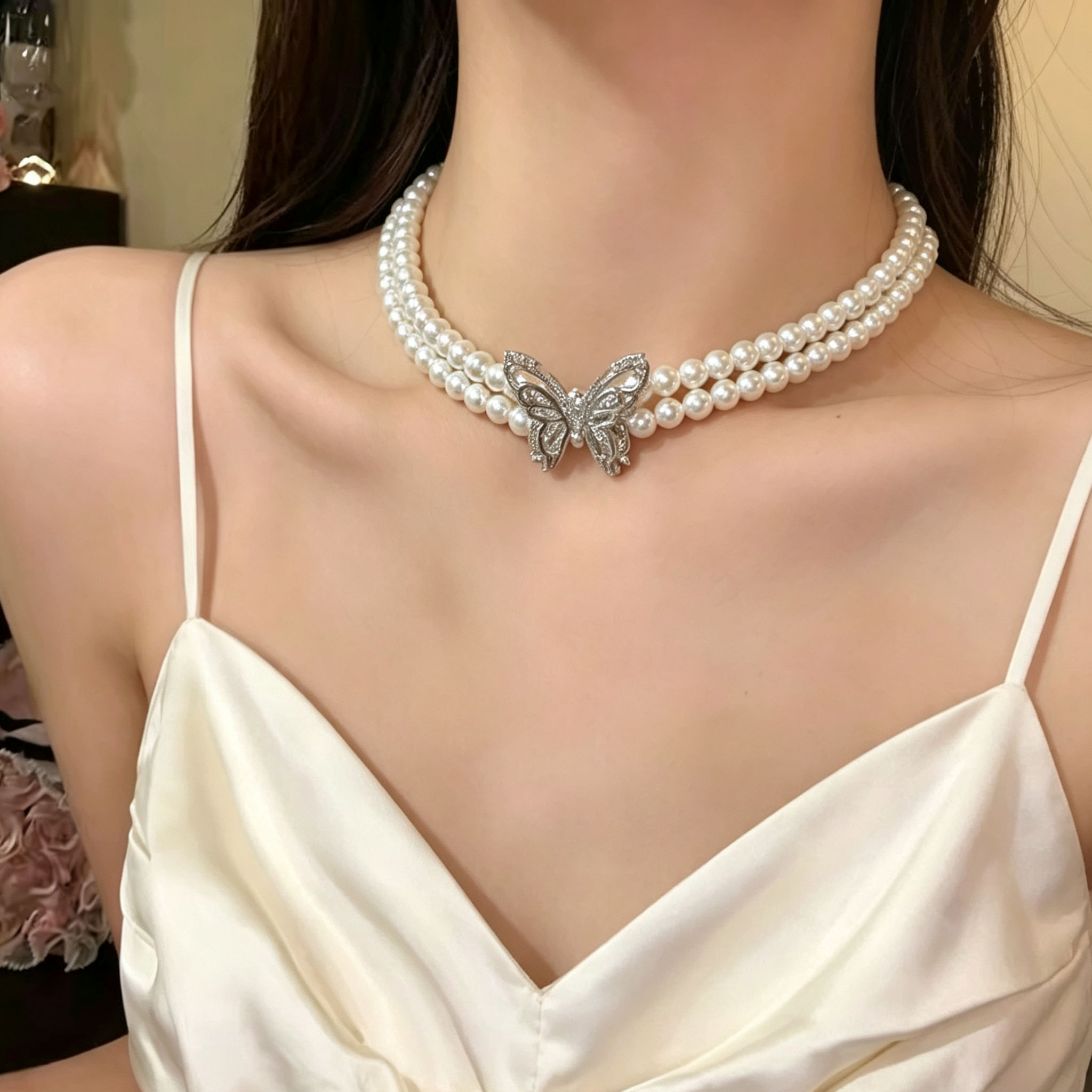 镶钻蝴蝶双层珍珠串珠项链女颈链图片