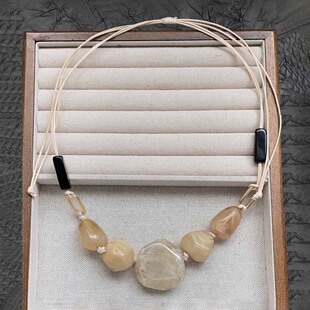 波西米亚可抽拉皮绳天然石串珠项链女轻奢高级感虎眼石锁骨链颈链