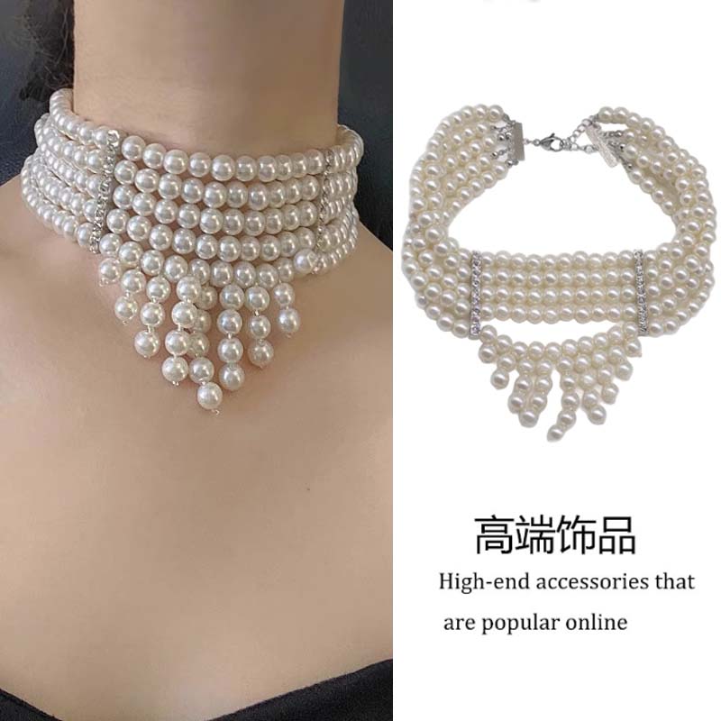 法式复古轻奢多层珍珠流苏项链女