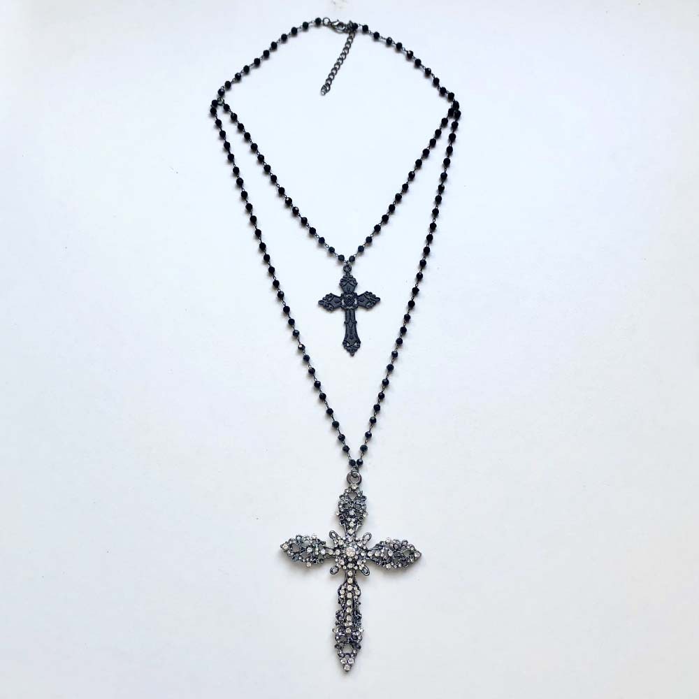 双层叠戴十字架吊坠项链女毛衣链