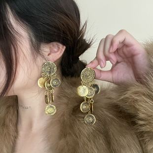 复古老钱风圆形金属钱币流苏耳环女中古vintage重工夸张耳坠耳饰