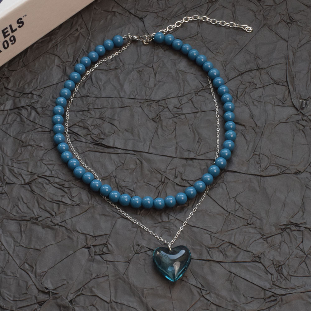 多巴胺蓝色串珠爱心吊坠项链女