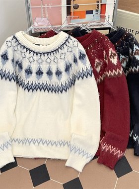 北欧费尔岛风复古圣诞男女情侣针织提花圆领百搭休闲毛衣】55365