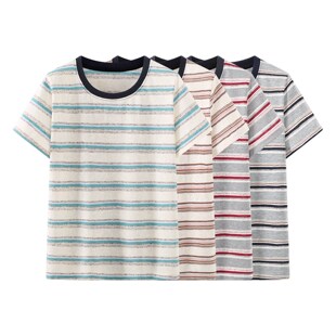 T恤Y26125 百搭休闲通勤日常舒适时尚 夏季 女简约亚麻圆领条纹短袖