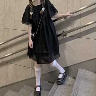 夏季法式仙女小众设计感公主裙女学生韩版宽松纯色百搭时尚连衣裙