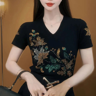 中老年烫钻翻领蕾丝洋气上衣小衫 妈妈装 女士t恤短袖 夏装 2025新款