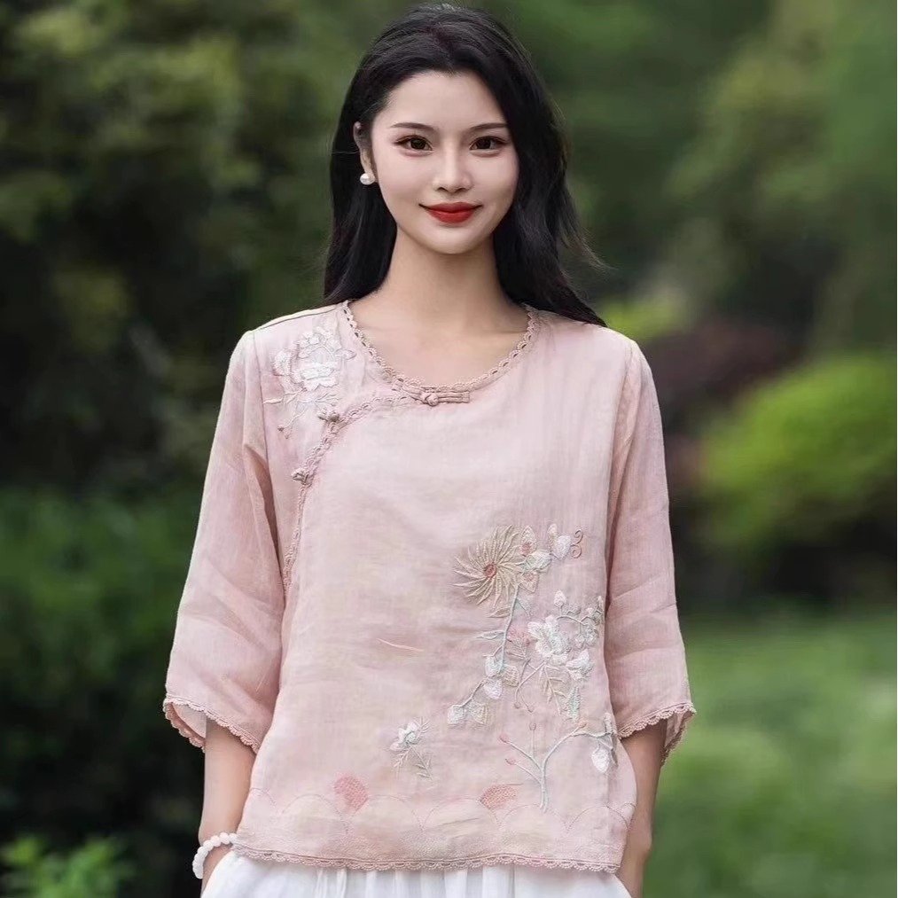 中国风重工刺绣棉麻衬衫女2025夏新中式禅意斜襟盘扣亚麻茶服上衣