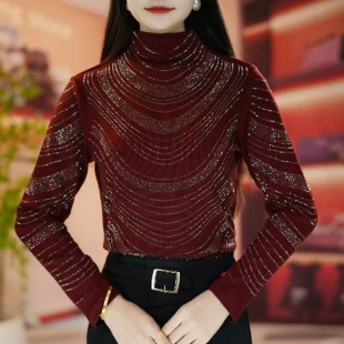 烫钻显瘦洋气时尚百搭长袖半高领女士女款上衣打底衫简约气质小衫