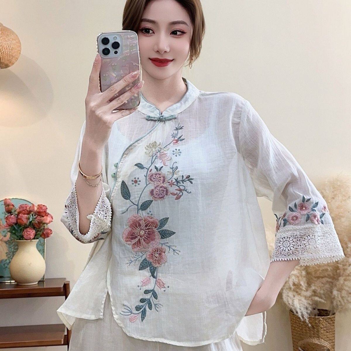 中式轻奢高级感苎麻中装上衣女士2025新款中国风高端棉麻亚麻衬衫