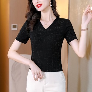 女黑色V领修身 薄款 气质小衫 显瘦打底衫 洋气妈妈遮肚上衣短袖 夏装