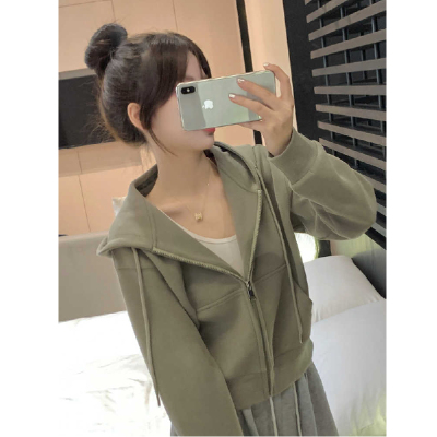 灰色短款连帽卫衣拉链上衣春季