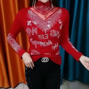 重工烫钻德绒打底衫 网纱洋气半高领磨毛保暖妈妈上衣秋冬潮 女秋装