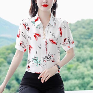 洋气印花短袖雪纺衬衫女士夏季2025新款夏装衬衣女妈妈遮肚子上衣