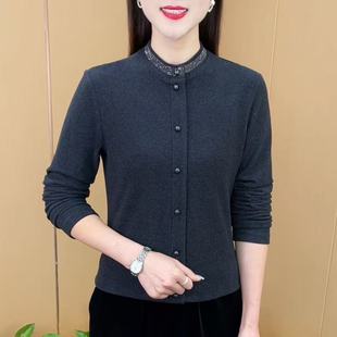 女妈妈装 烫钻立领双面绒打底衫 百搭宽松显瘦套头上衣 时尚 春秋新款