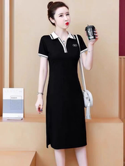 2025 夏季中长款短袖t恤女翻领包臀裙子polo衫连衣裙运动气质休闲