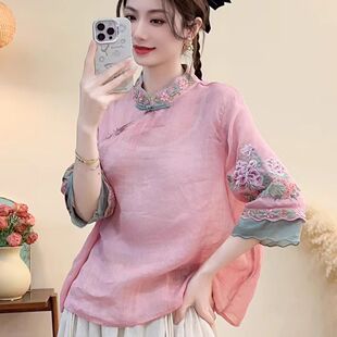 中国风改良棉麻刺绣衬衫女宽松夏季复古立领唐装盘扣半袖茶服上衣