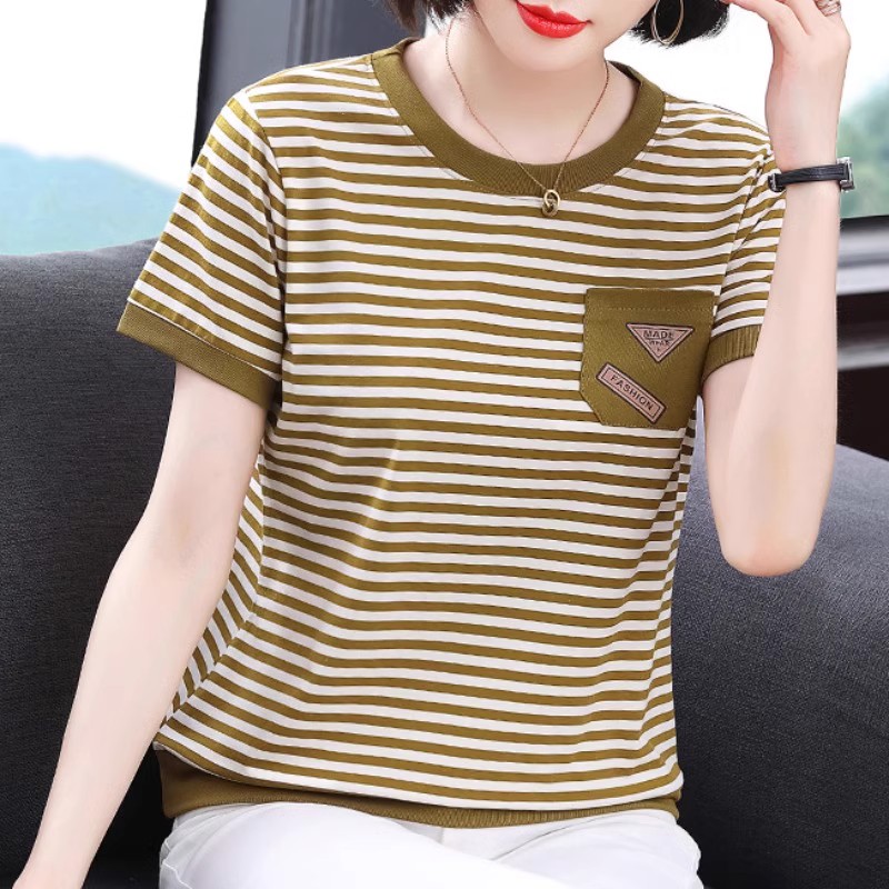 中年妈妈夏装简约条纹短袖t恤女士夏季休闲体恤气质百搭减龄上衣