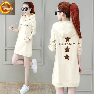 加厚加绒外套女秋冬宽松oversize中长款连帽卫衣小个子保暖连衣裙