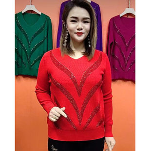 网红时尚打底衫女秋冬中老年妈妈烫钻宽松大码短款遮肚子气质上衣