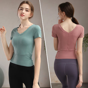 普拉提衣服女夏新款高端时尚V领健身服含胸垫收腰瑜伽服女上衣