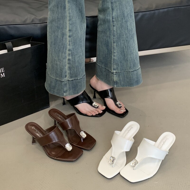 法式外穿夹趾高跟凉拖鞋女夏季