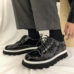 2021韩小众增高漆皮松糕鞋男厚底黒色小皮鞋B253-88376-P105图片