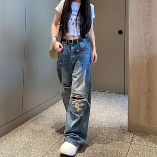 9122#46       2026春季大码女装破洞阔腿牛仔裤女宽松显瘦拖地裤
