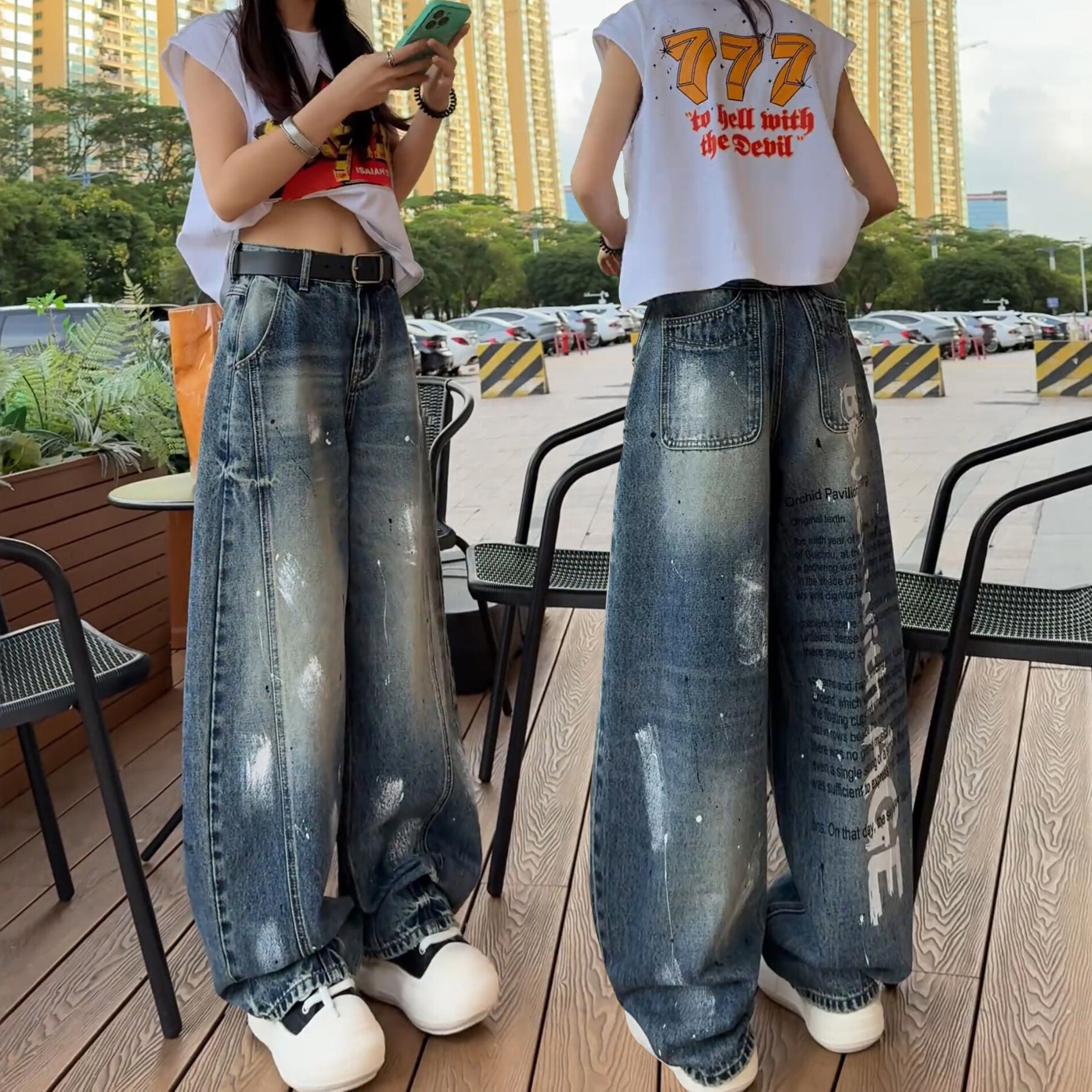 9175#52     牛仔裤女款爆款2026新款美式潮流涂鸦印花百搭弯刀裤