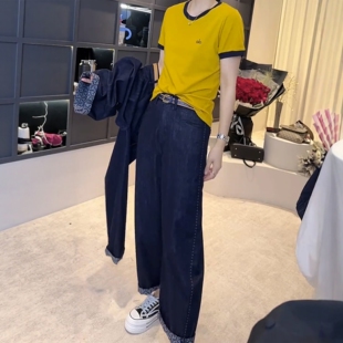 9029#52     2025夏季薄款丹宁蓝弯刀裤九分窄版高腰显瘦阔腿裤女