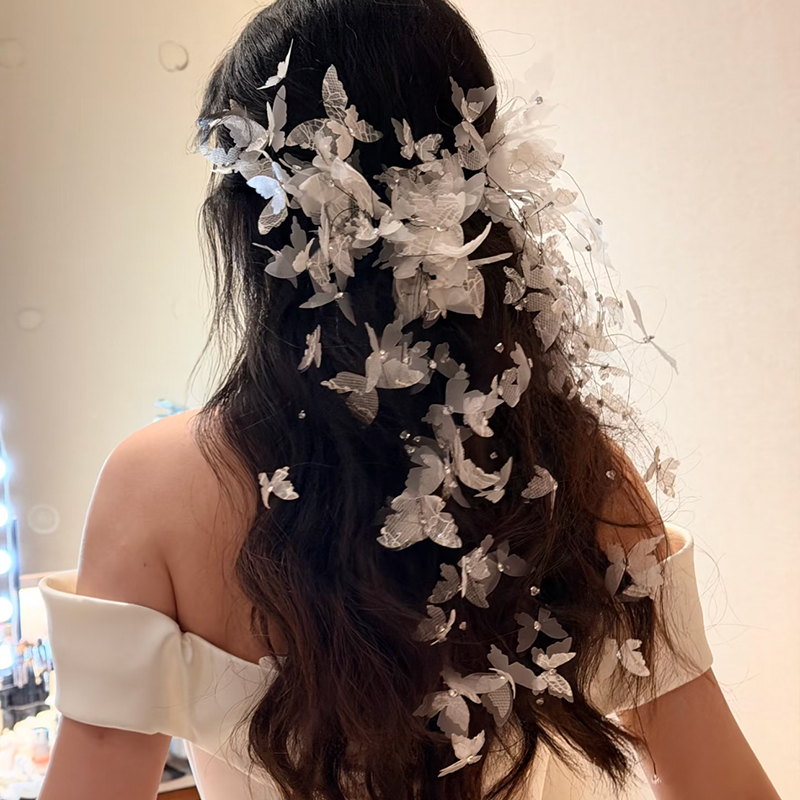 超仙手工森系后脑区发夹新娘头饰氛围感设计造型蕾丝蝴蝶婚纱配饰