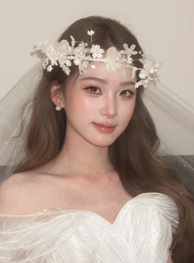 法式风新娘白色蕾丝花朵发箍超仙高级感婚纱头饰森系配饰