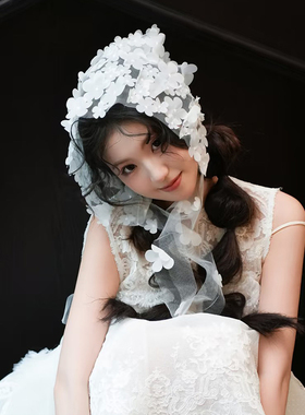 法式复古白色花朵包头纱绢纱手工新娘头饰森系超仙甜美婚纱配饰
