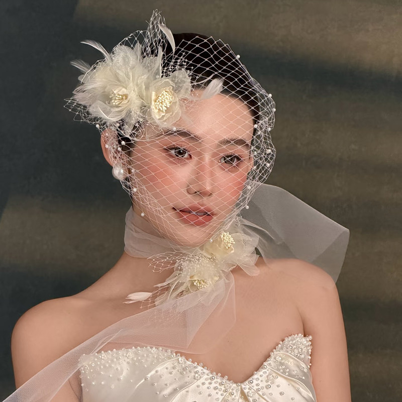 新娘复古摄影娟纱花朵网格头纱头饰婚纱拍照结婚旅拍造型配饰