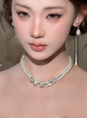 法式新娘复古风高级珍珠花朵双层项链女小众轻奢锁骨链设计感项饰