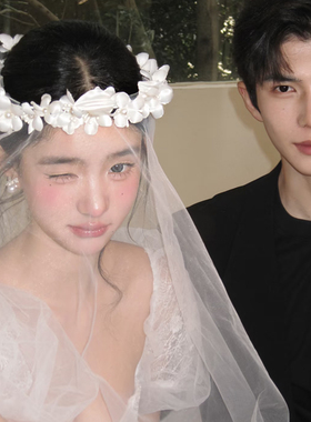 森系白色花朵发带新娘超仙甜美头饰布艺花环婚礼拍照道具