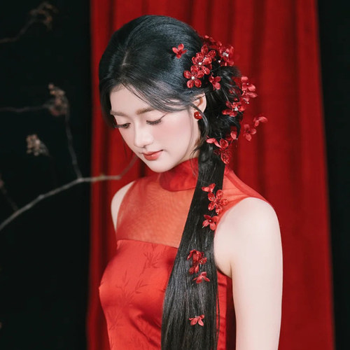 新中式红色花朵发夹边绑发带新娘头饰复古中式婚礼敬酒礼服发饰女