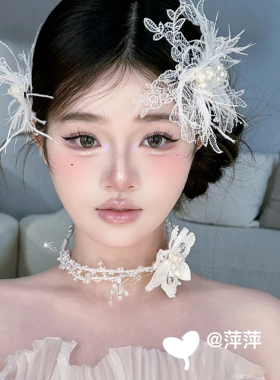 超仙白色蕾丝羽毛头饰森系少女成人两侧花朵新娘婚纱拍照配饰