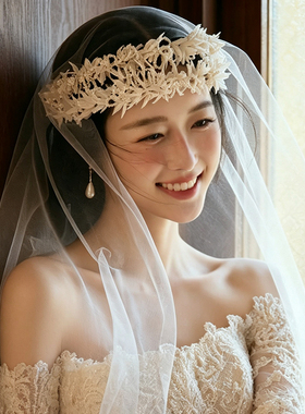 法式新娘头饰花环皇冠重手工婚礼跟妆发箍额饰超仙婚纱拍照道具
