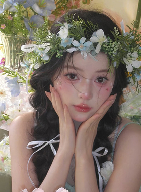 森系花环发饰高级感新娘婚纱写真配饰发箍女蓝色仿真花朵头箍头饰