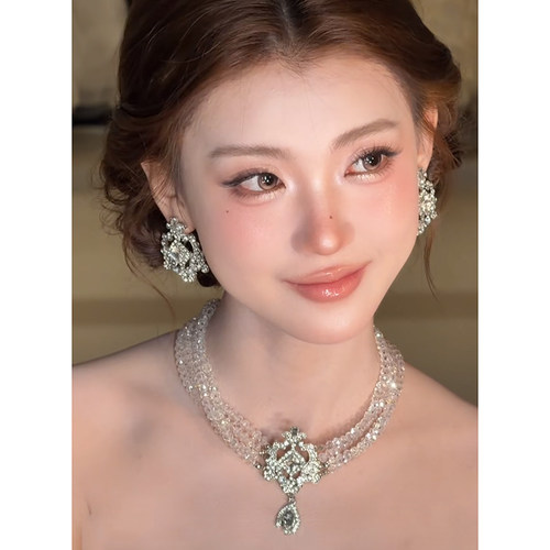 柔甜洛可可水晶多层项链耳夹三件套新娘高级感配饰复古法式婚纱配