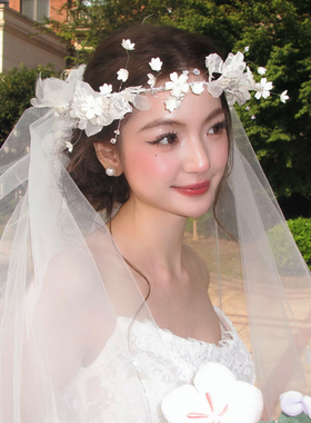 森系减龄新娘白色花朵蕾丝发箍头饰仙美婚纱礼服造型拍照发饰